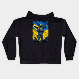 soldier holding Ukraine flag, illustration, painting style Kids Hoodie